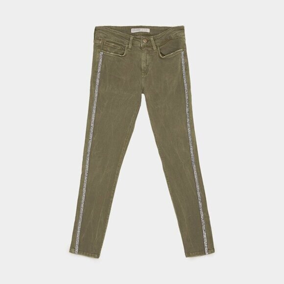 EUC Zara olive khaki skinny cropped ankle washed look sparkle side stripe jeans - Picture 4 of 13